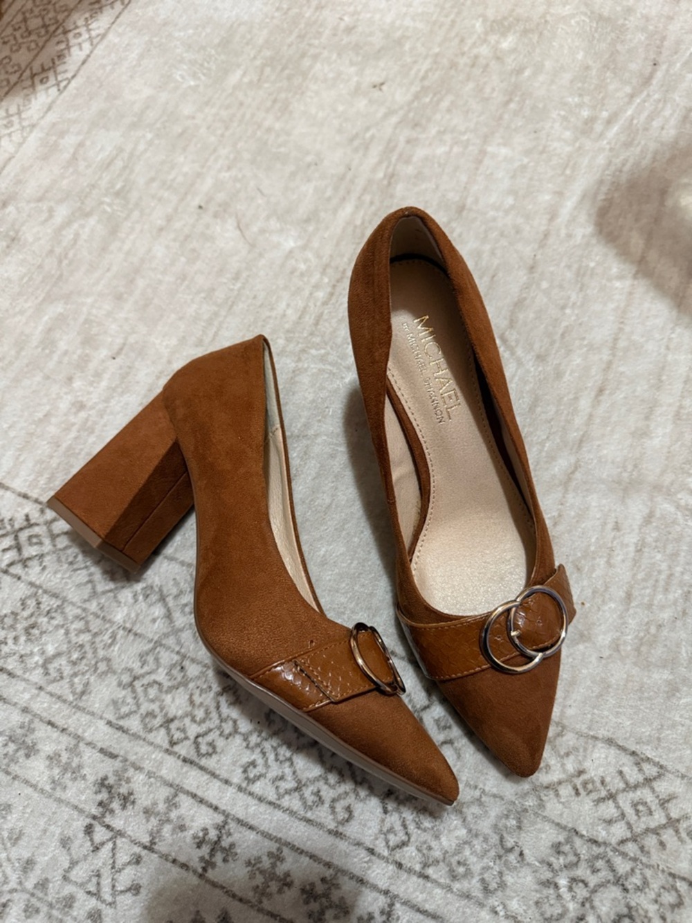 Michael Kors Tan Suede Pointed Toe Block Heels with Double Ring Accent